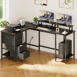 59 Inch L Shaped Computer Desk With Power Outlets, Home Office Desk With 4 Adjustable Storage Drawers & 2 Monitor Stands, Two Person Gaming Table For Bedroom, Black