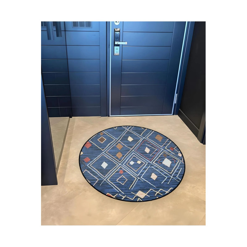 Navy Blue  Scandinavian Patterned Round Woven Base Modern Decorative Carpet, Round 4'