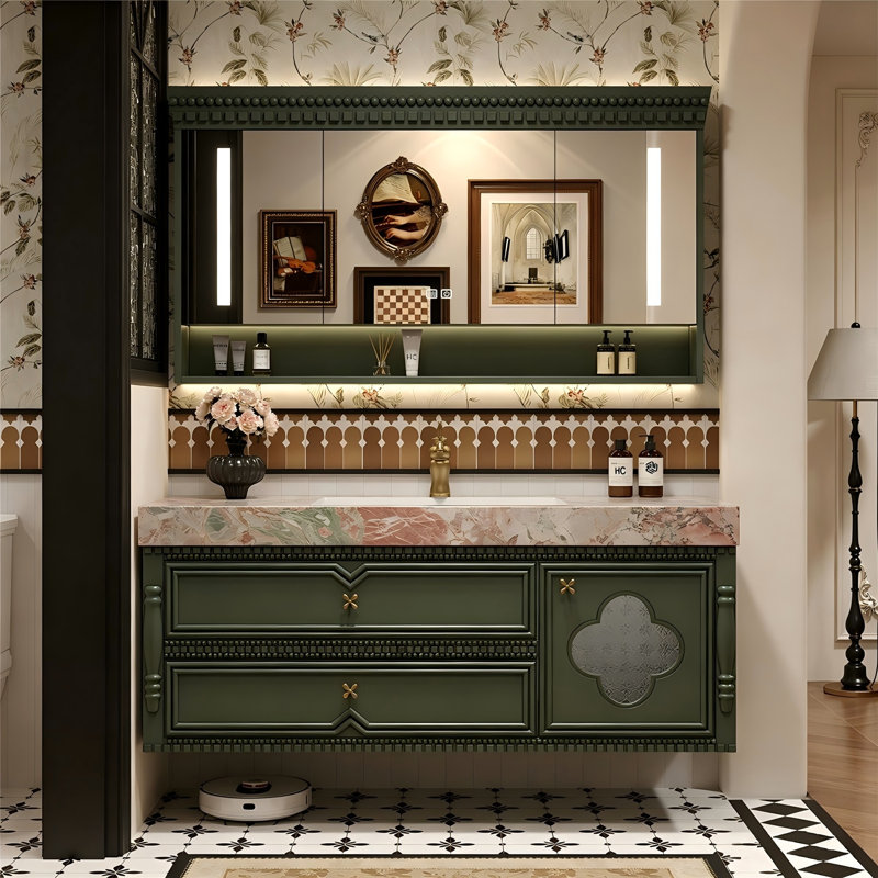 Meuble-lavabo mural en bois d'hévéa massif vert avec miroir intelligent, H 20,87 po x l 47,24 po x P 21,65 po