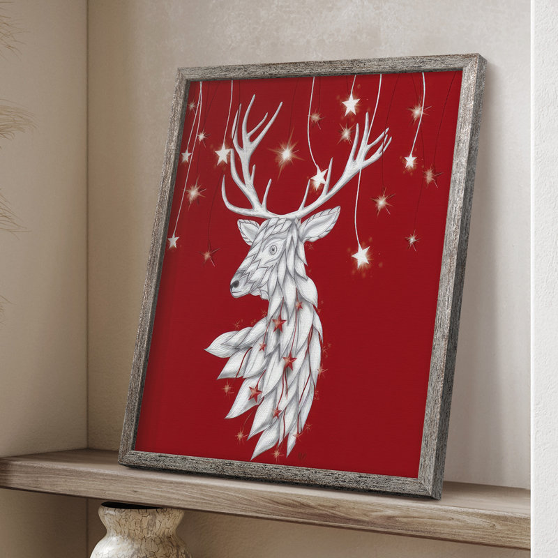 Cerf blanc et étoiles suspendues, reproduction encadrée - bois massif, H 15 po x l 12 po
