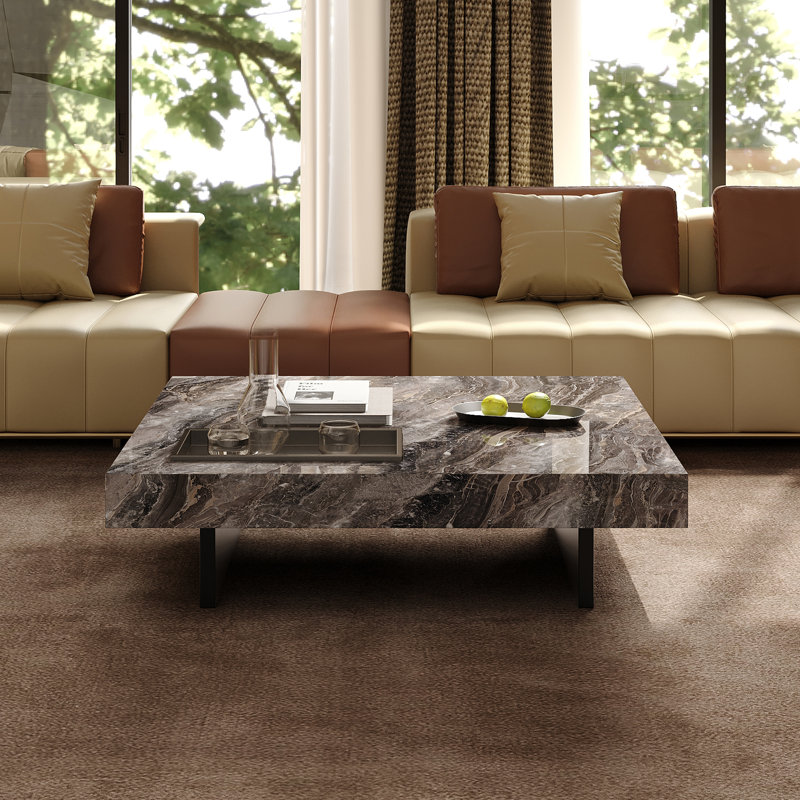 Tables basses luxueuses de style carré en faux marbre de 42 po avec 2 pieds en acier inoxydable lustré et pieds noirs avec plateau et pieds en silicone
