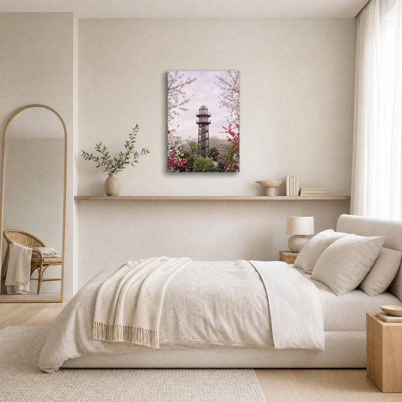 Toile d'observation encadrée par des fleurs de cerisier roses, H 30 po x l 20 po