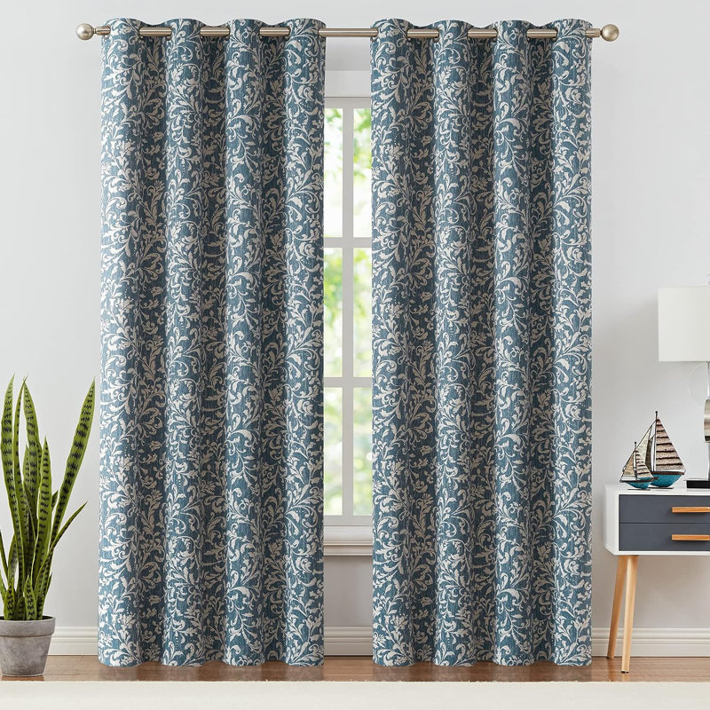 Coralia Polyester Room Darkening Curtain Pair, Scroll Blue, 50" W x 95" L