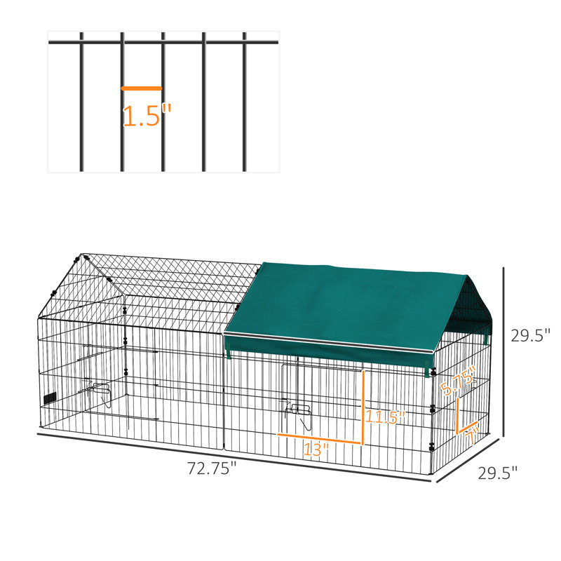 73 po parc pour petits animaux - convient aux lapins, poulets, chinchillas. Intérieur et extérieur. Pinces verrouillables, assemblage facile, multiples, piquets de sol, toit ombragé