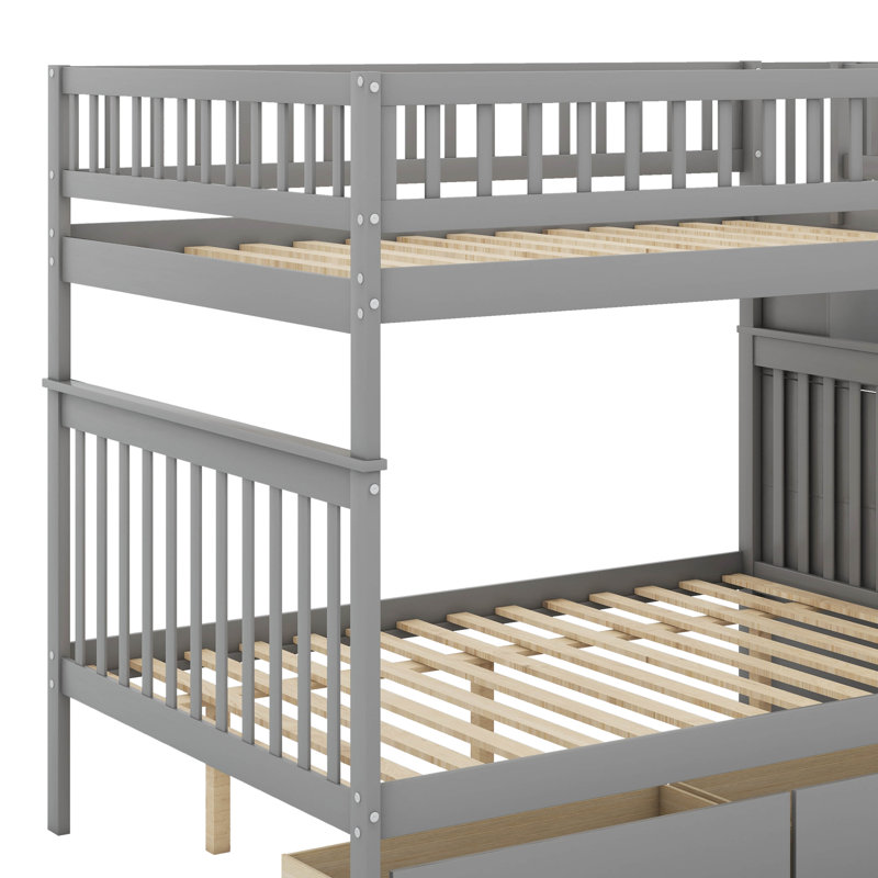 Full Over Full Bunk Bed With Drawers, Gray