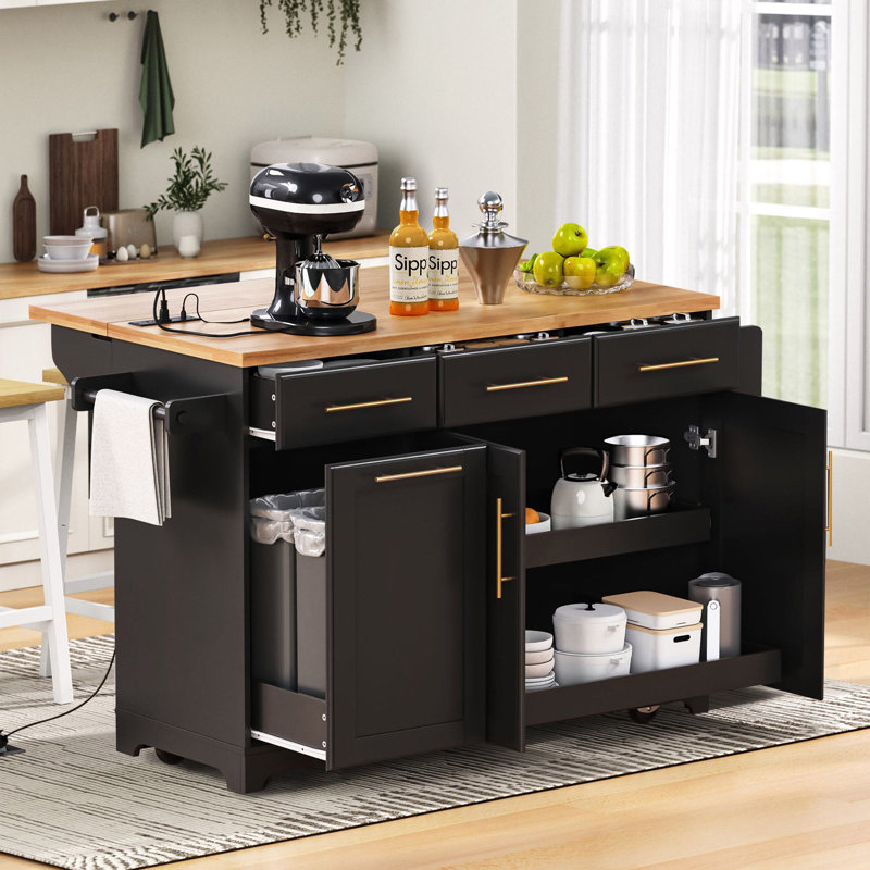 Chariot pour îlot de cuisine avec rangement 59,5 po Arnola, Noir
