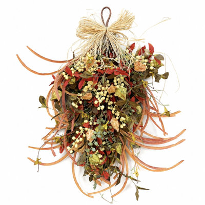 24" Rustic Autumn Teardrop Roses Floral Swag with Artificial Berries and Natural Raffia, Indoor Hanging Floral Decor for Door, Wall, and Window