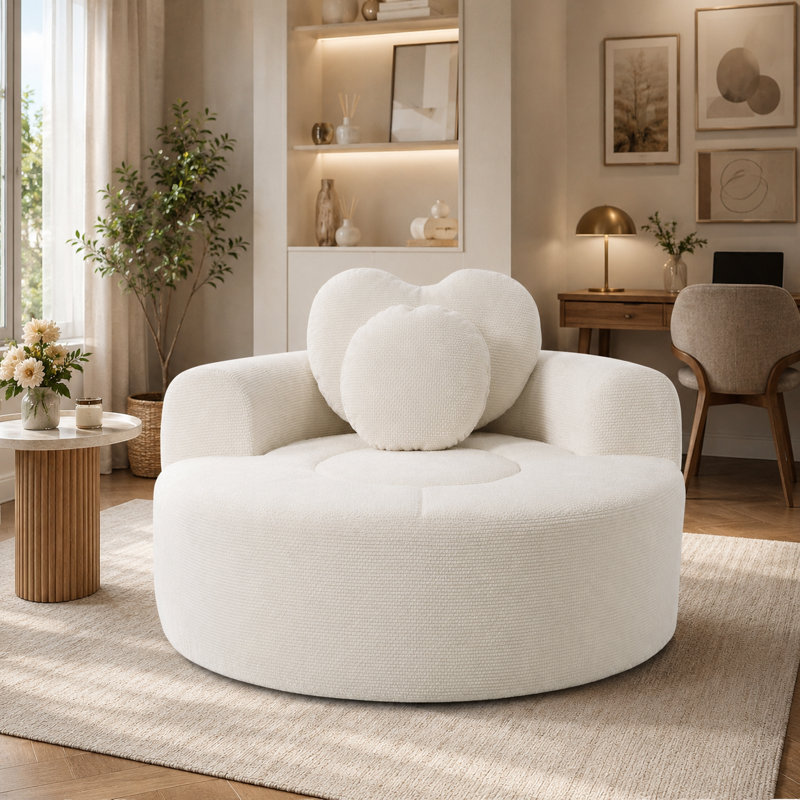Canapé-lit modulaire beige rond en mousse à mémoire de forme pour le salon avec trois coussins décoratifs, Beige