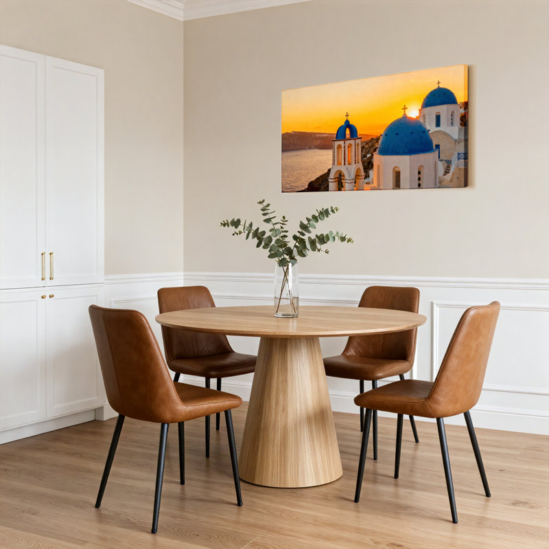 Ensemble de 1 tableau sur toile tendue représentant une église à dôme bleu de Santorin au coucher du soleil