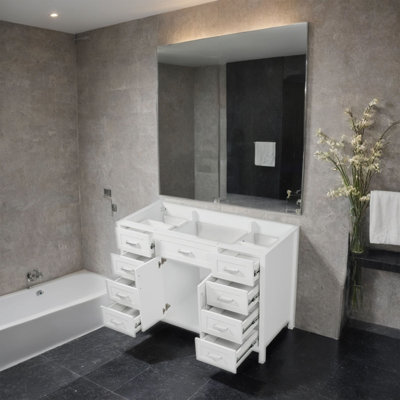 Meuble-lavabo 47 po sans lavabo, armoire seulement, 2 portes et 8 tiroirs, système de fermeture en douceur, design classique, blanc