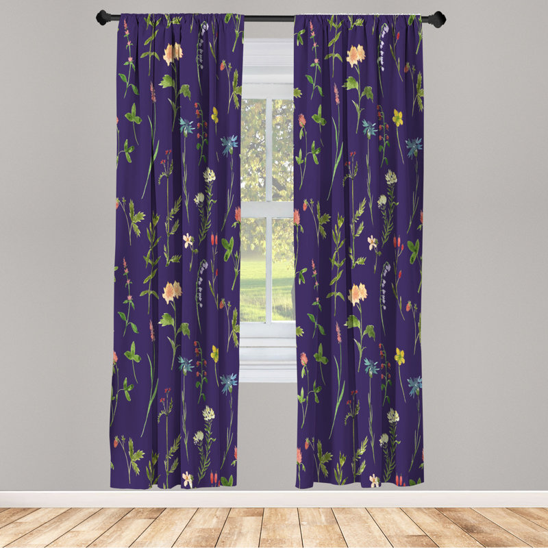 Microfiber Floral Semi-Sheer Rod Pocket Curtain Panels, 28" W x 95" L, Dark Purple/Yellow