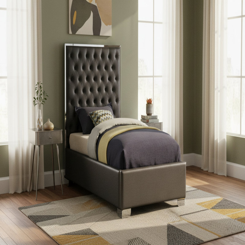 Spadaro Upholstered Platform Bed, Grey Velvet, Silver, Twin