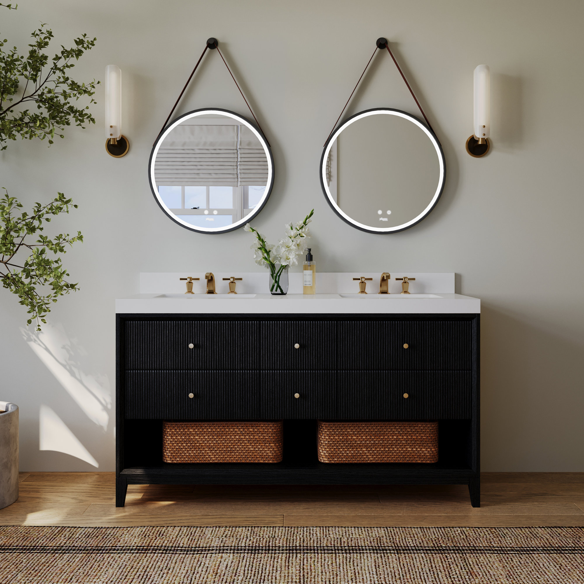Momo Bath Vanity Set With White Quartz Vanity Top And White Undermount Basin, 60", Black Oak