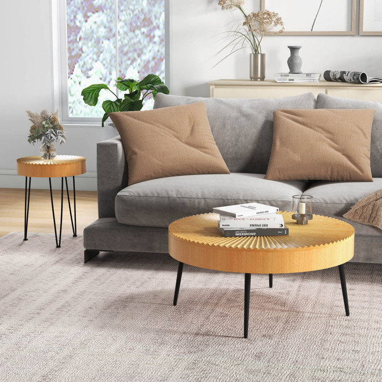 Round Natural Wood and Metal Nesting Coffee Table Set