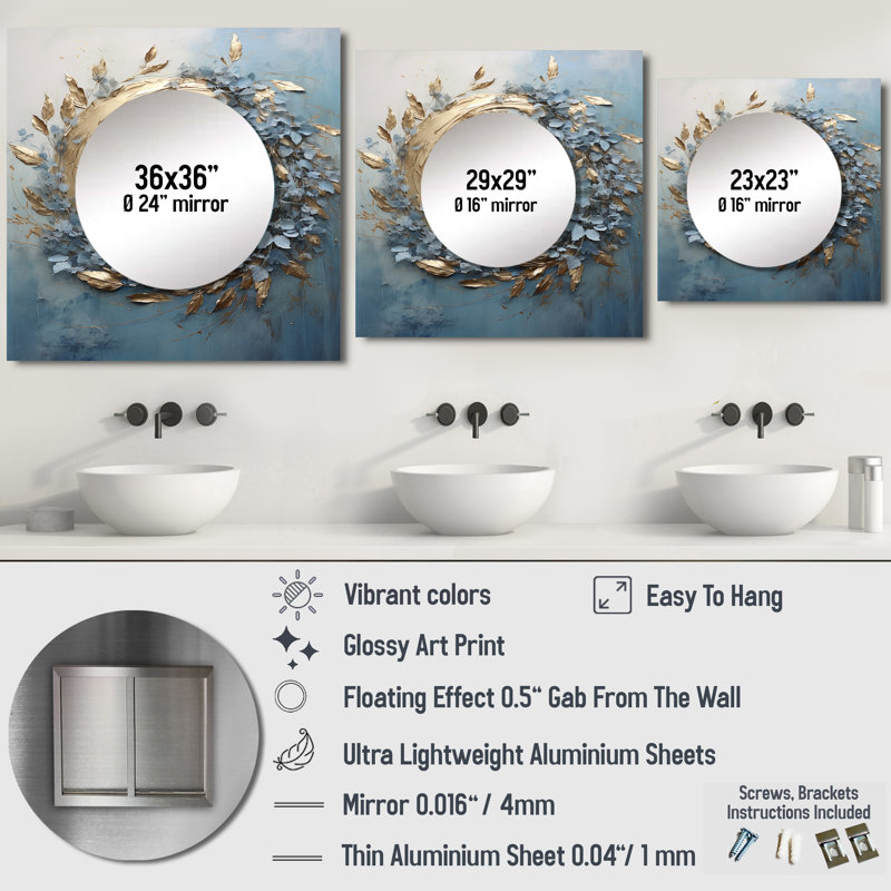 «Bold And Blue Wreath Simplicity» - Grand miroir carré pour décoration murale, 36 po x 36 po