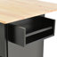 Îlot de cuisine à roulettes noir avec comptoir en bois massif, roulettes verrouillables, rangement et surface de repas mobile avec plateau repas, armoire et abattant (noir