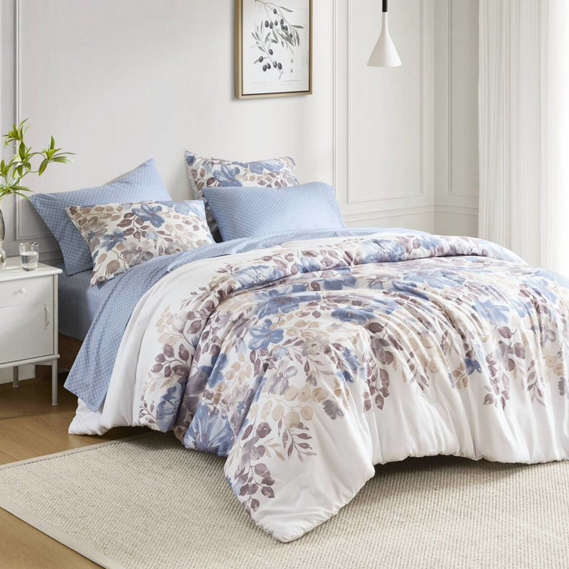 Édredon pour lit simple avec feuilles florales aquarelles bleues, draps doux au toucher pour lit simple, gracieux