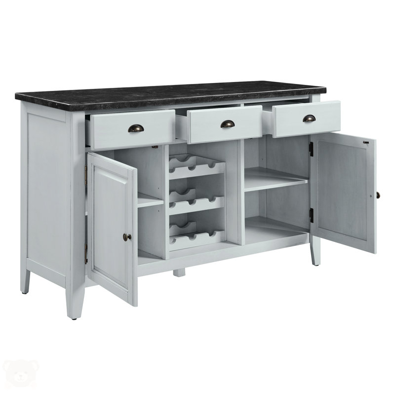 Lanton 56"L Rectangular 3-Drawer Server with Marble Top in Antique White
