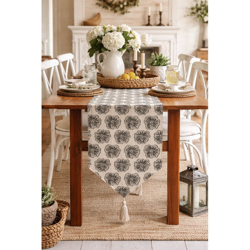 Black Lotus Flower Reversible Cotton Table Runner 14" X 72" With Tassel - Rustic Double-Sided Table Cover