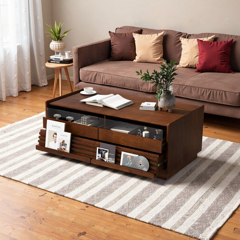 Table basse moderne moderne avec 4 tiroirs et 2 tablettes de présentation, en bois cannelé de 47,2 po et en verre trempé pour le salon