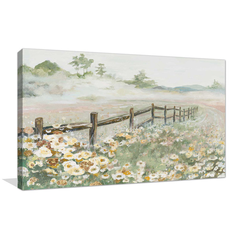 Clôture avec fleurs par Patricia Pinto - Peinture, H 24 po x l 40 po x P 1,5 po, Toile tendue