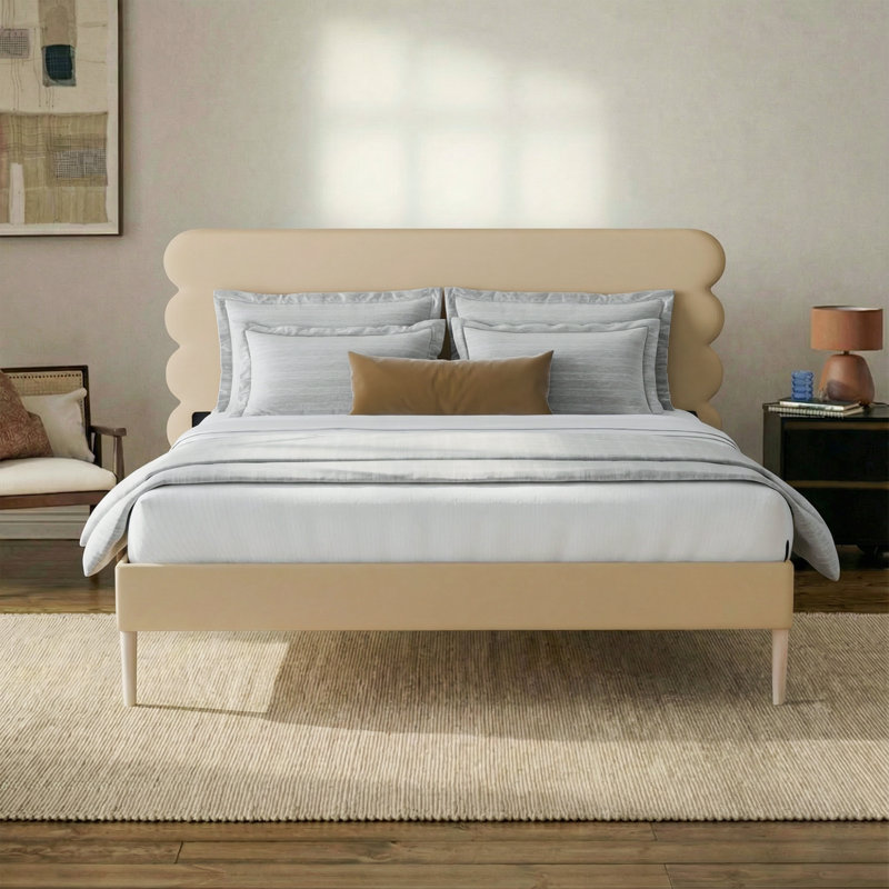 Velvet Henley Upholstered Scalloped Bed, King Size Bed Frame with Headboard, Brown, King
