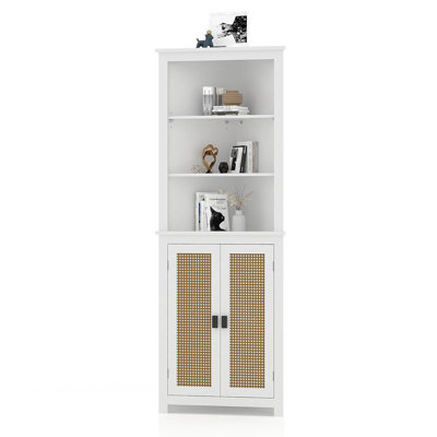 64" Tall Farmhouse Corner Cabinet with 2 Barn Doors & 6 Adjustable Shelves – Multi-Use Storage Hutch for Kitchen, Bathroom, Living Room – White Embossed Imitation Rattan Door