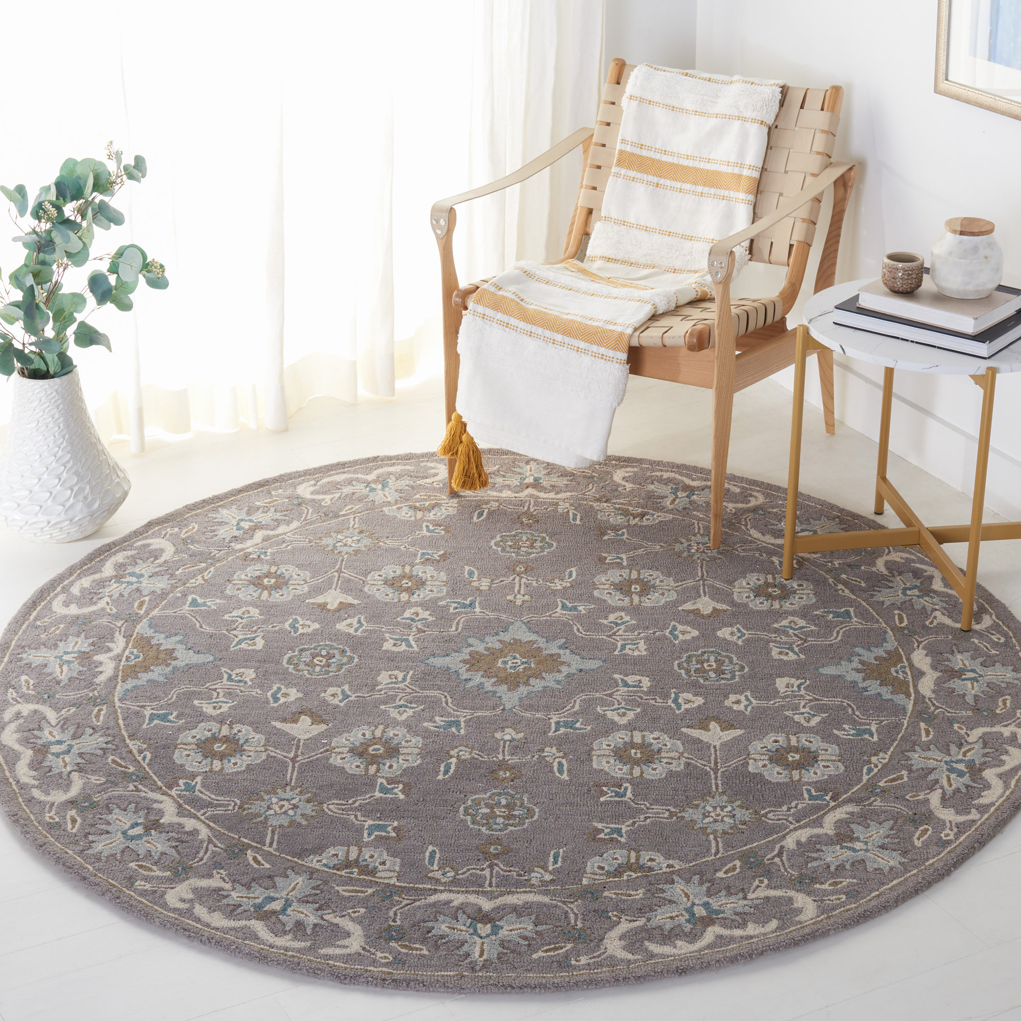Tansy Handmade Wool Gray/Beige/Blue Rug, Round 6'