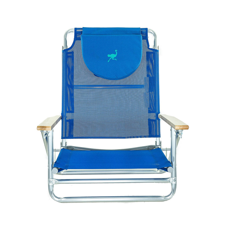 Blue Aluminum 5-Position Beach Chair with Wooden Armrests