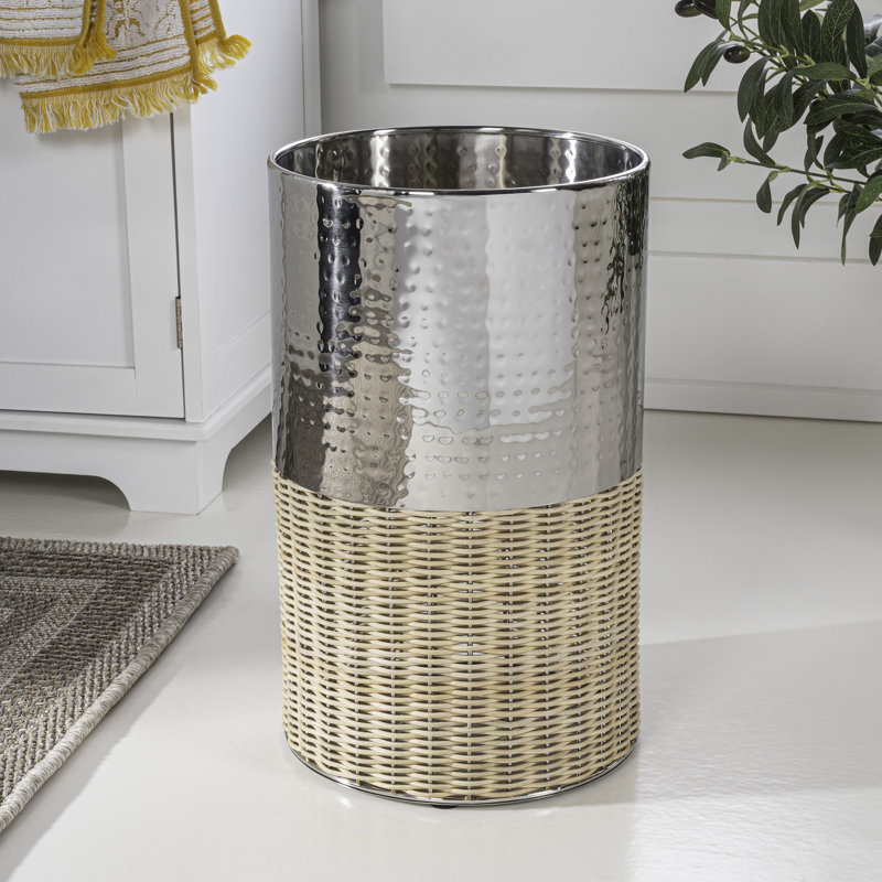 Asher Chrome and Natural Wicker Cylinder Waste Basket