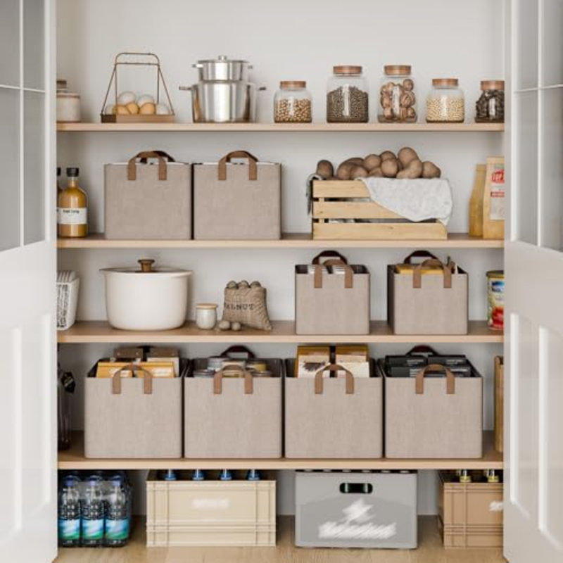 Storage Bins, Fabric Storage Bins For Shelves, Storage Baskets With Metal Frame, Closet Baskets And Bins With Handles, Brown And Beige, 2-Pack