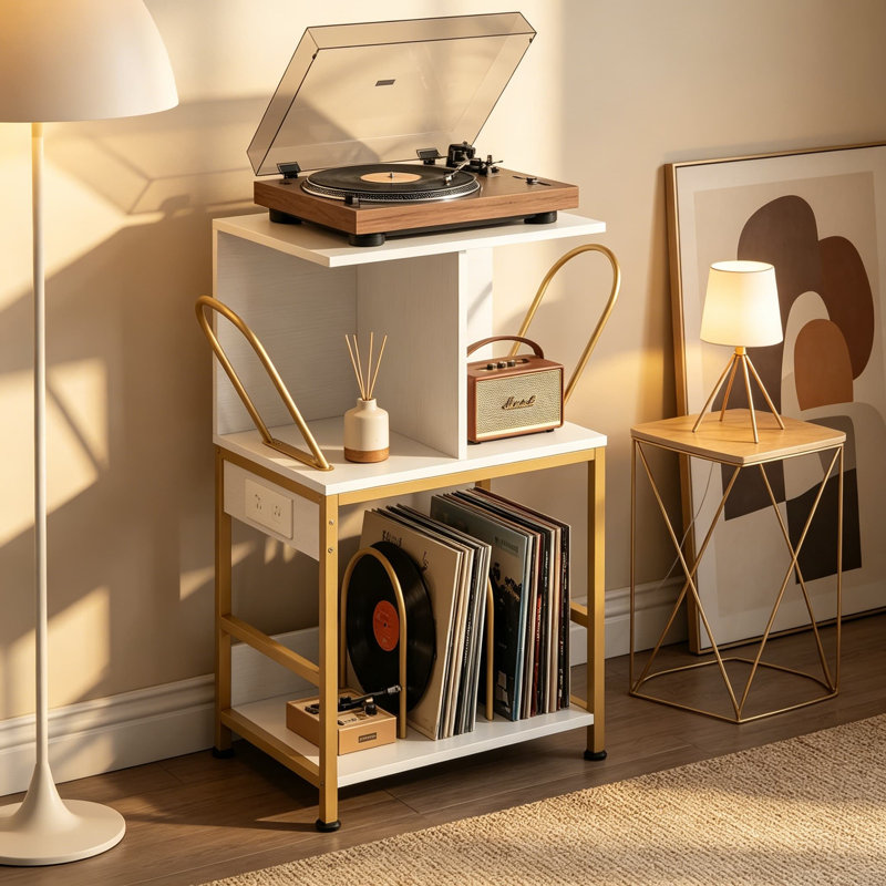 Support pour tourne-disque avec rangement en vinyle pour 180 albums, table d'appoint multifonctionnelle avec chargeur USB et prise de courant, grande table pour le salon, modèle Gold Premium