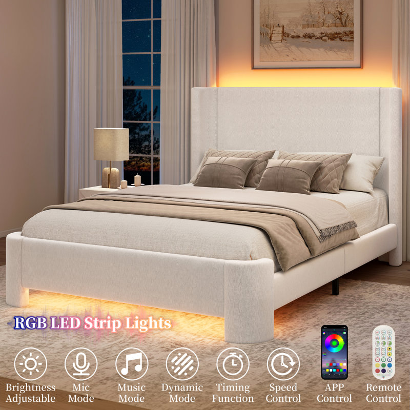 Upholstered Bed, Double(4'6), White, Yarn-Dyed Linen