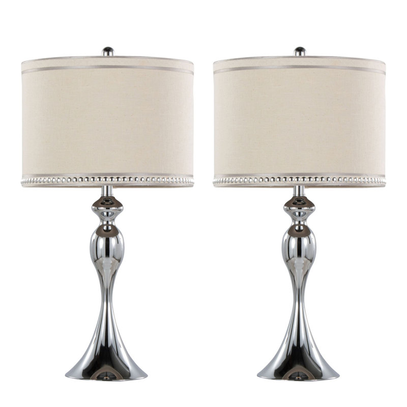 Lampe de table contemporaine 27 po, chrome poli avec abat-jour en lin crème et garniture, ensemble de 2