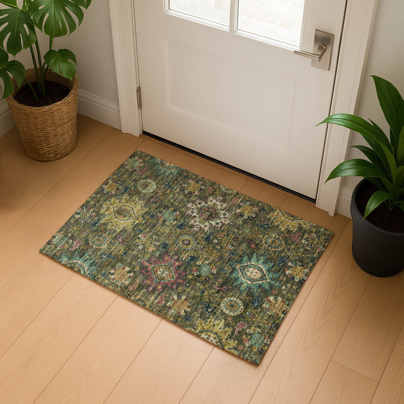 Premium Machine Washable Mayfield AMF2151 medallions Rug, Rectangle 1'8" x 2'6", Olive
