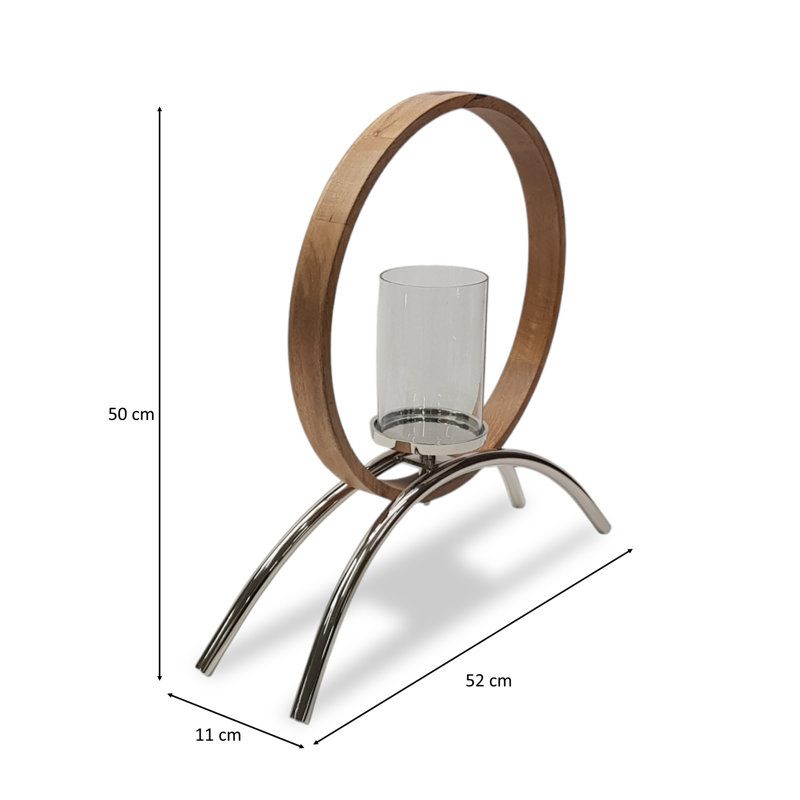 Try Circular Wooden and Metal Candle Holder Ornament and Home Accessory in Silver Natural, 49cm H x 52cm W x 13.5cm D