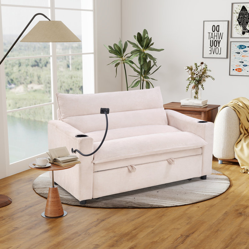 56.3'' Wide Modern 3-In-1 Convertible Sleeper Sofa Bed With Phone Holder And Cup Holders, Beige