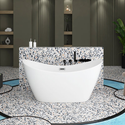 59 In. X 30.7 In. Acrylic Freestanding Soaking Bathtub With Center Drain In Glossy White/Polished Chrome