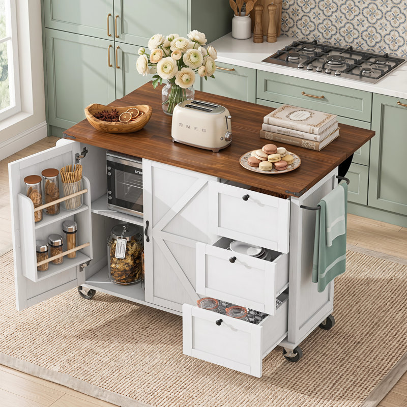 Chariot de cuisine pour îlot de cuisine de 54,5 po avec prise de courant, plateau rabattable, support de rangement interne et support à épices, chariot de rangement mobile pour la cuisine