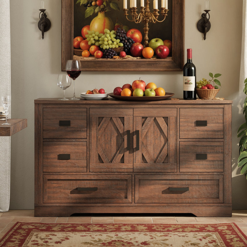 Laziza Modern Farmhouse Wood Dresser with 6 Drawers & Barn Door Cabinet, Brown