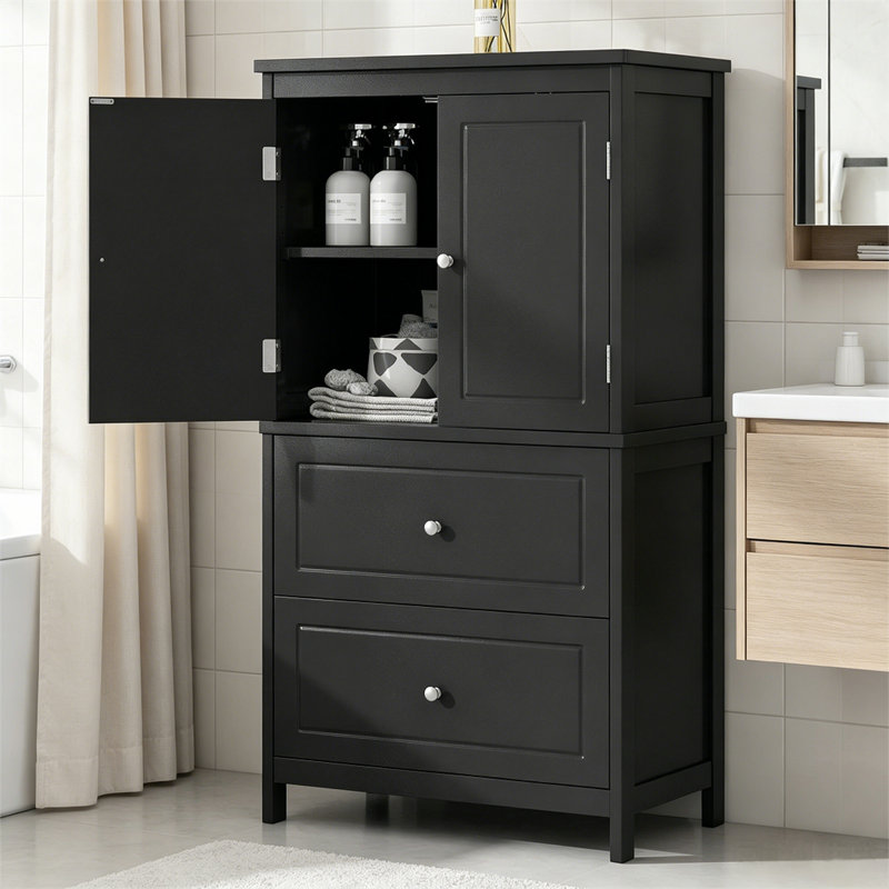 Armoire de rangement pour salle de bain avec deux portes et tiroirs, Noir