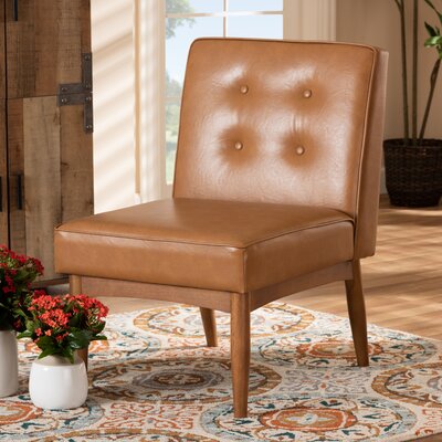 Reze Mid-Century Modern Tan Faux Leather Upholstered And Walnut Brown Finished Wood Dining Chair -  Corrigan StudioÂ®, 25FA48A0CE0245BBB0D91845CF654C74