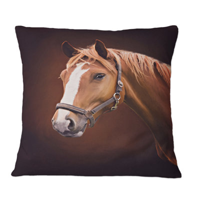 Portrait d'un cheval brun I - Coussin décoratif à imprimé traditionnel