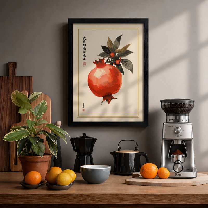 Pomegranate With Leaves Japandi - Print, Black, A4 - 29.7 x 21.0 cm