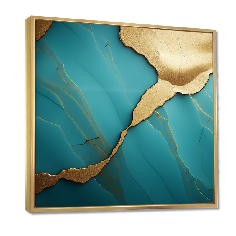 Touche d'art sur agate turquoise - marbre, Toile avec cadre flottant or, H 36 po x l 36 po x P 1,5 po