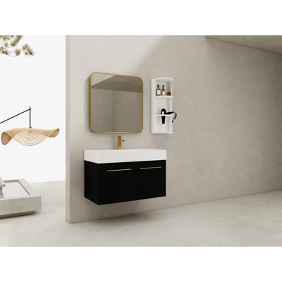 Meuble-lavabo 36 po pour salle de bain avec lavabo en résine et trois tablettes de rangement, châtaignier noir, matériau aqueux, design ergonomique assorti à un design moderne, charnières à fermeture douce, fabrication en contreplaqué