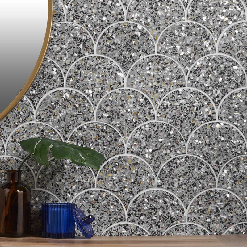 Reef 5" Fish Scale Polished Pearl Terrazzo Mosaic Tile, Gray