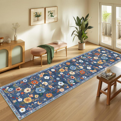 Floral 2x10 Area Rugs Washable Print Boho Cute Carpet Non Slip Flower Low Pile for Living Room Bedroom Kitchen Office Farmhouse-Blue/Grey