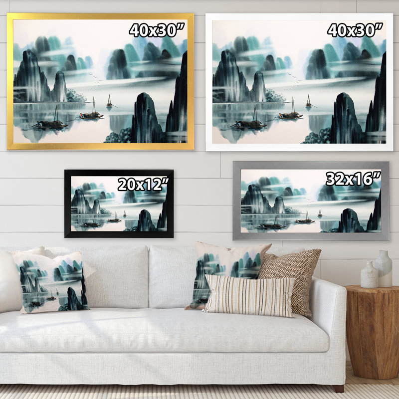 Paysage abstrait d'eau chinois dans des tons de bleu - peinture sur toile, H 17,5 po x l 33,5 po, Cadre argenté