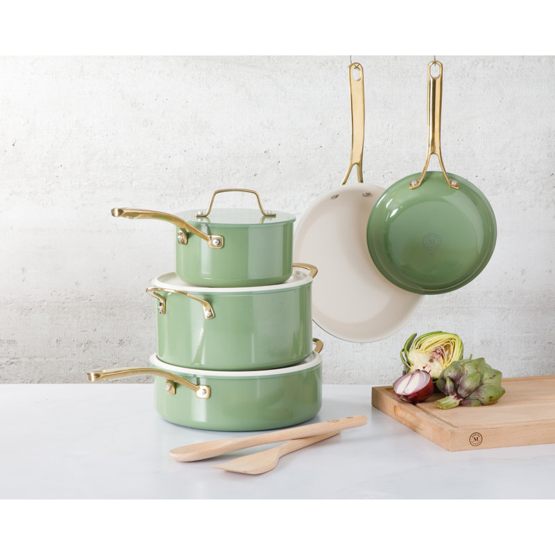 Sage Green and Gold 10-Piece Nonstick Aluminum Cookware Set